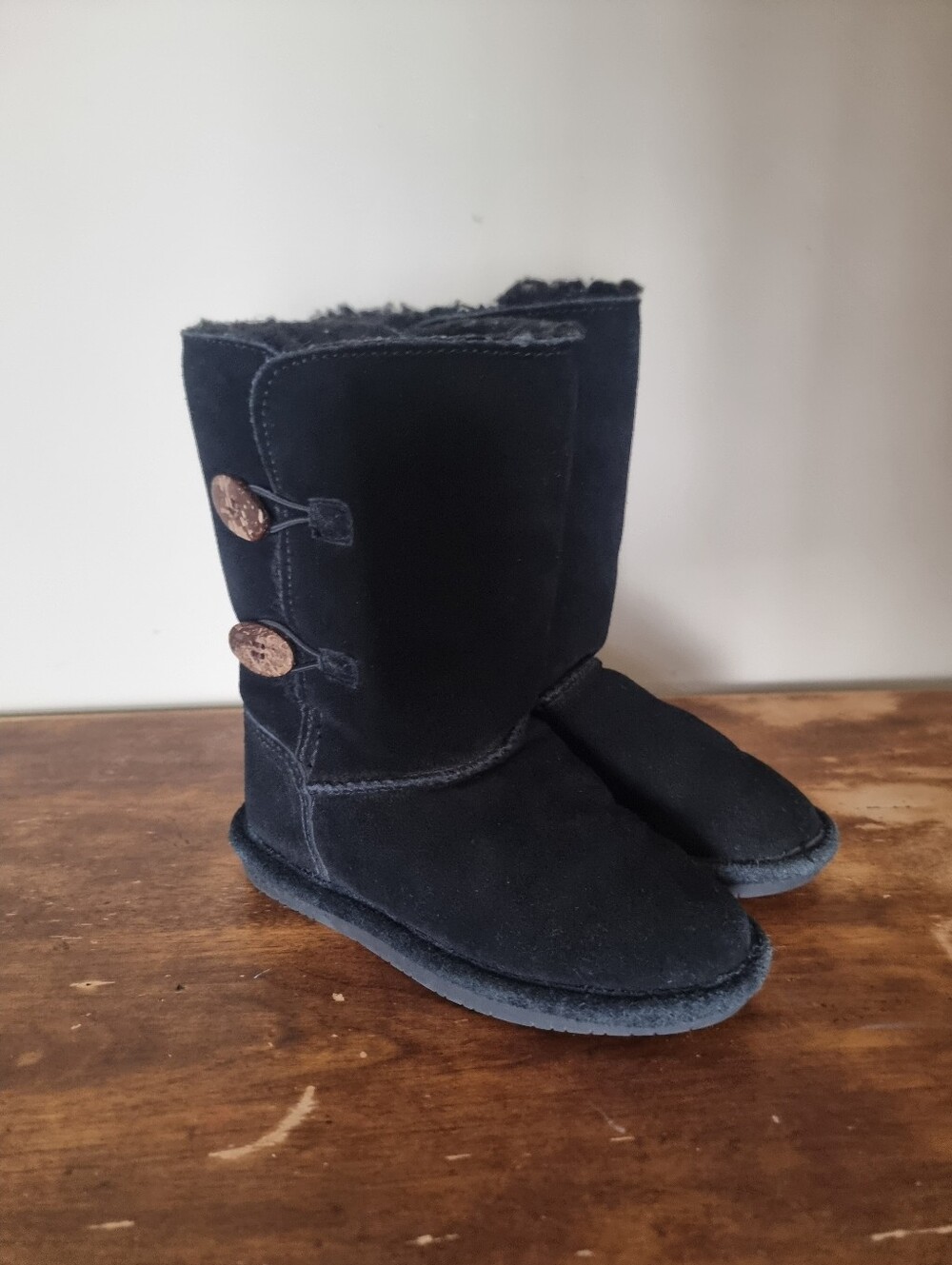 BearPaw Black Suede Mid-Calf Button Winter Boots Kids Size 13